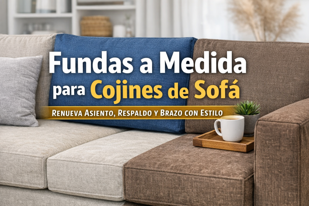 "Fundas a medida para cojines de sofá: asiento, respaldo y brazo, personalizadas por forma y color, para renovar tu sofá fácilmente."